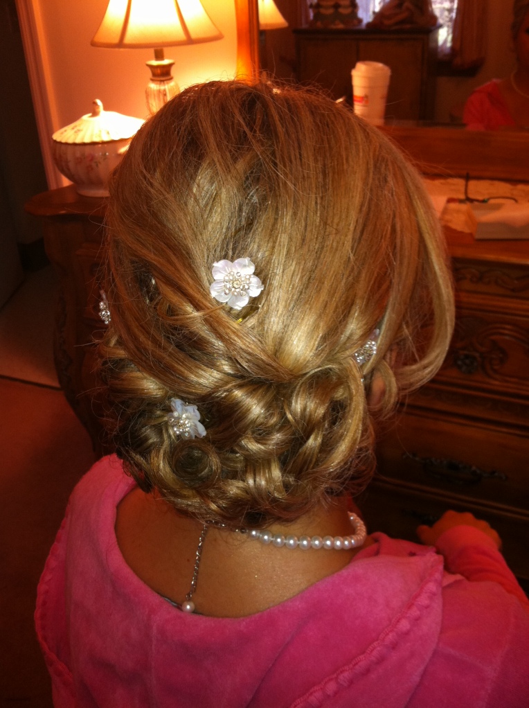 Hair stylist, Gina, created a woven, pinned effect and used the pearl hair clips from my own wedding 5 years ago.